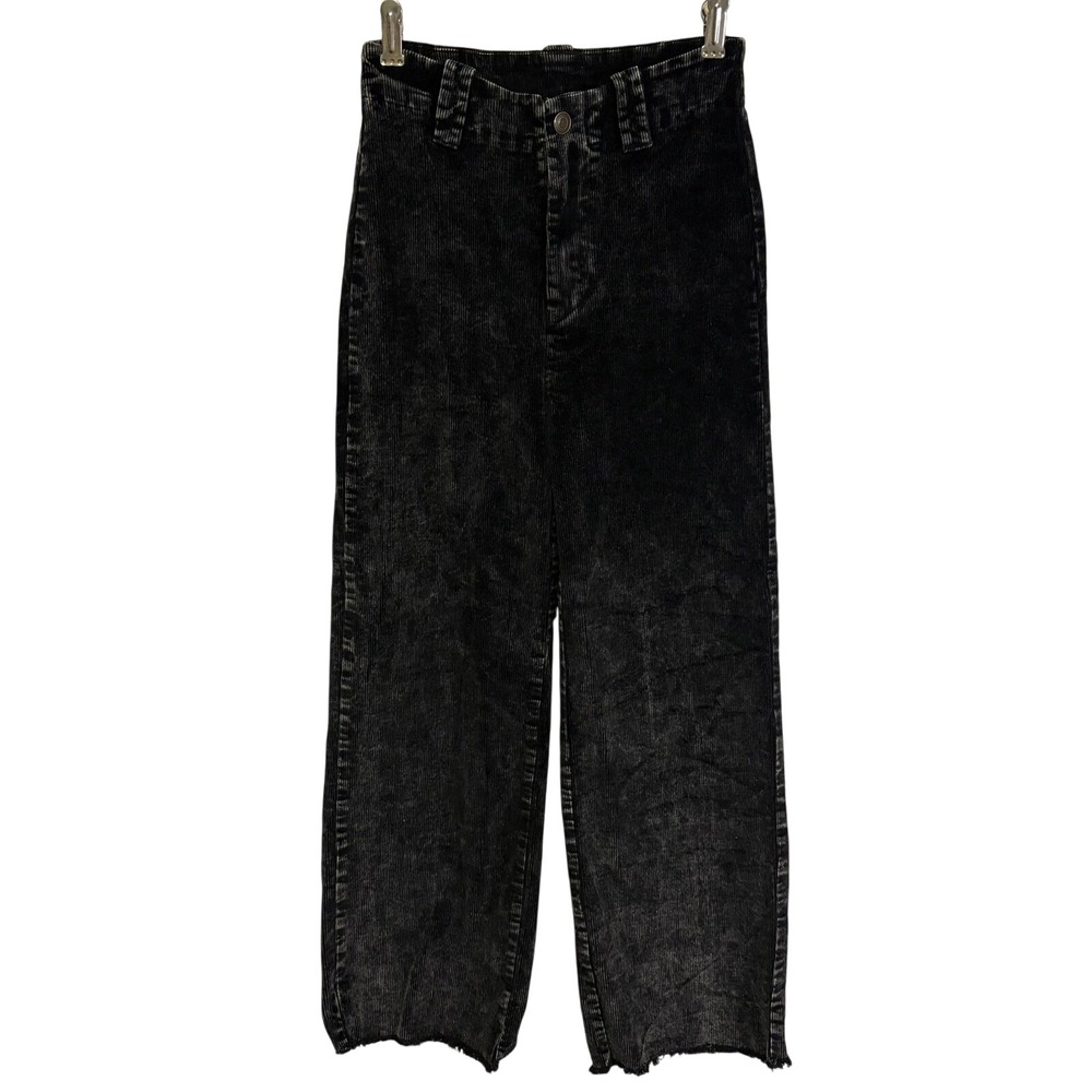 La Miel Womens Pants Black Acid Wash Corduroy Wide Leg Crop Stretch Small Grunge